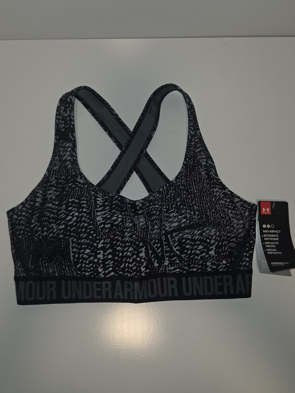NWT Under Armour Mid-Impact Sports Bra Black Gray Print Logo Band Size L - Picture 4 of 10